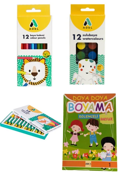 Pastel Boya + Uzun Kuru Boya + Sulu Boya + Harfler Boyama Kitabı Boyama Seti ürün görseli 1