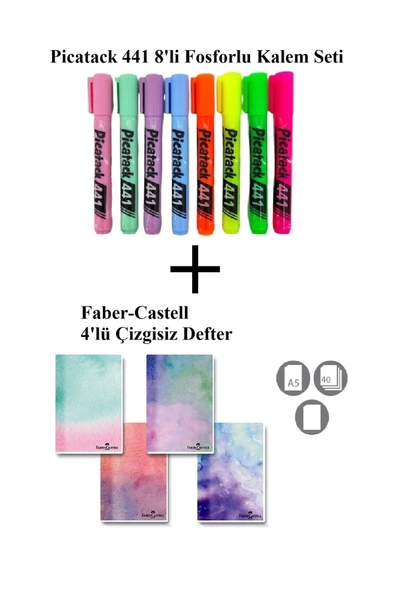 Picatack 441 Fosforlu Kalem 8'li Set + Karton Kapak Dik A5 Watercolors 4'lü Çizgisiz Defter ürün görseli 1