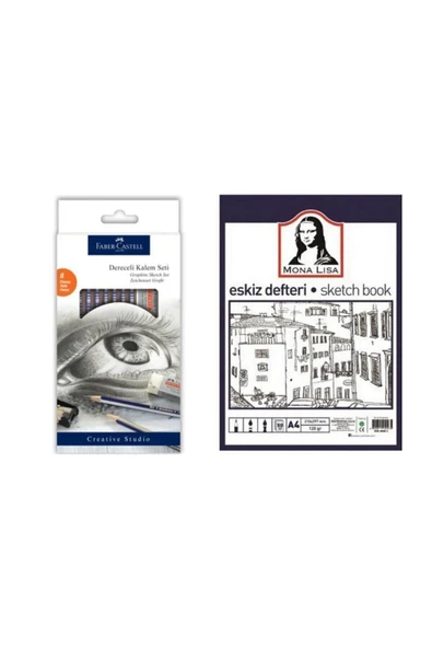 8 Parça Dereceli Kalem Seti + Mona Lisa Sketch Book - Eskiz Defteri A4 50 Yp. 120 Gr. ürün görseli 1