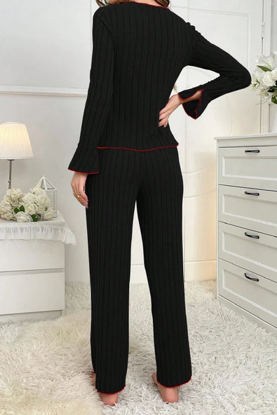 Kadın Kombin Şıklığı Siyah Kırmızı Biyeli ve Fiyonklu Uzun Kollu Mevsimlik Pijama Takımı ürün görseli 1