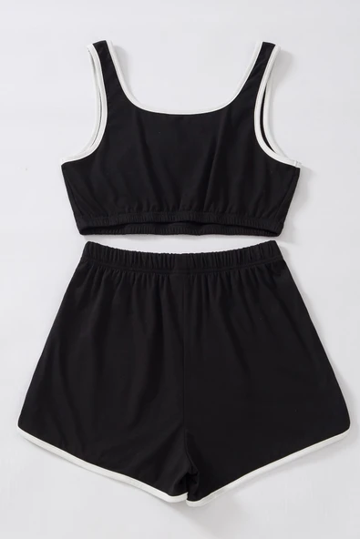 Kadın Rahat Duruş Siyah Askılı Crop Top ve Şortlu Takım Gecelik ürün görseli 1