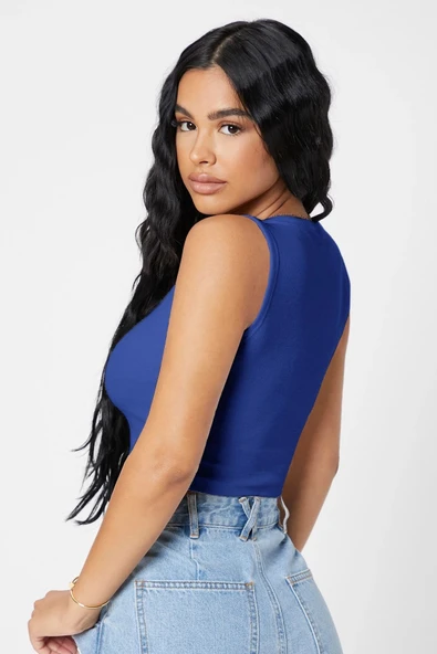 Kadın Zarif Dokunuş Lacivert Kare Yaka Crop Top Bluz ürün görseli 1
