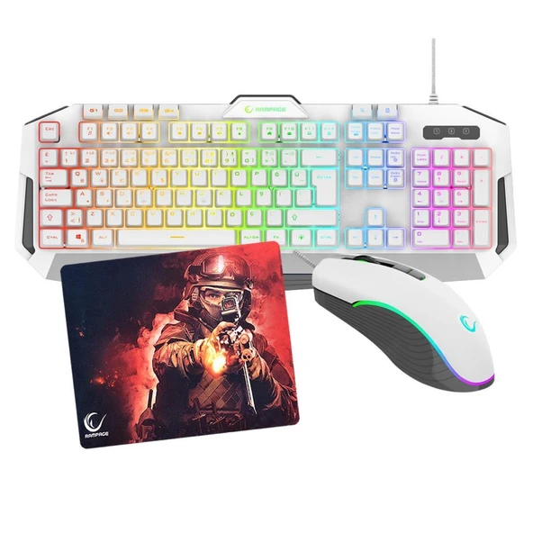 Rampage KM-34 GLARE Beyaz klv , 12800 DPI Mouse + Rampage Mousepad Oyuncu Seti ürün görseli 1