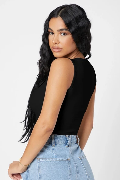 Kadın Zarif Dokunuş Siyah Kare Yaka Crop Top Bluz ürün görseli 1