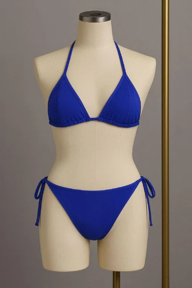 Kadın Kombin Şıklığı Mavi Yandan ve Boyundan Bağlamalı Bikini Mayo ı Takım ürün görseli 1