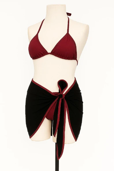 Kadın Kombin Şıklığı Bordo Siyah Pareolu Yandan ve Boyundan Bağlamalı 3'lü Bikini ı Takım ürün görseli 1