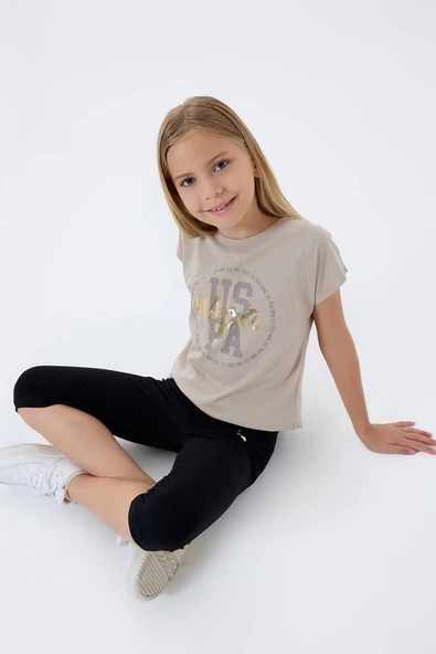 U.S. Polo Assn Kız Çocuk  Kapri Taytlı 2'li Takım Kum ürün görseli 1