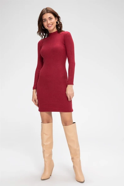 Kadın Fit Duruş Bordo Kaşkorse Balıkçı Yaka Uzun Kollu Bodycon Mini Elbise ürün görseli 1
