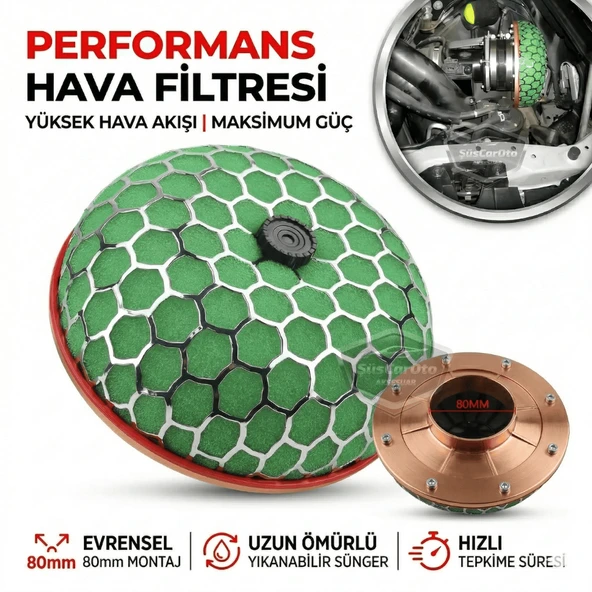 HKS Universal Performans ve Ses Arttırıcı Aparatlı Açık Hava Filtresi +6 Hp Yeşil Mantar Tip 80 mm ürün görseli 1