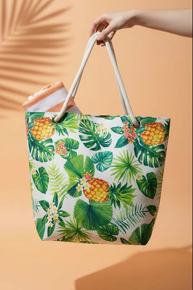 Ananas Yaprak Desenli Plaj Çantası ürün görseli 1
