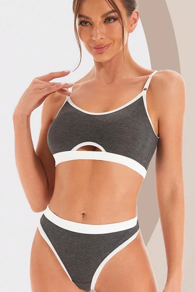 Kadın Kombin Şıklığı Gri Antrasit Kaşkorse ve Beyaz Lastikli Cut-Out Tanga Külotlu Takım ürün görseli 1