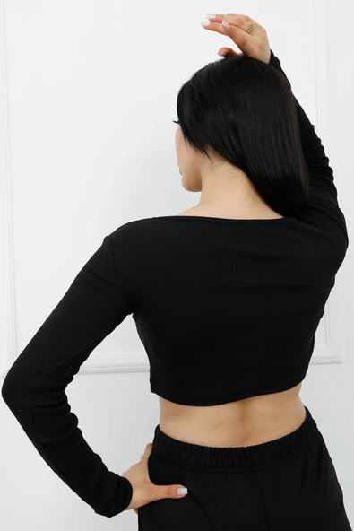 Kadın Modern Stil Düğmeli Mini Crop Bady Siyah - P-020494 ürün görseli 1