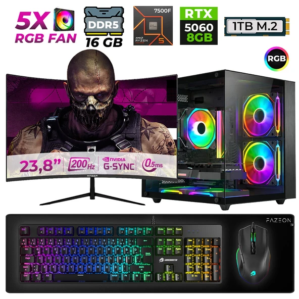 Xaser Live X10 Ryzen 5 7500F 16GB DDR5 Ram 1TB M.2 Nvme SSD 8GB RTX5060 23.8" 200Hz Masaüstü Oyuncu Bilgisayarı ürün görseli 1