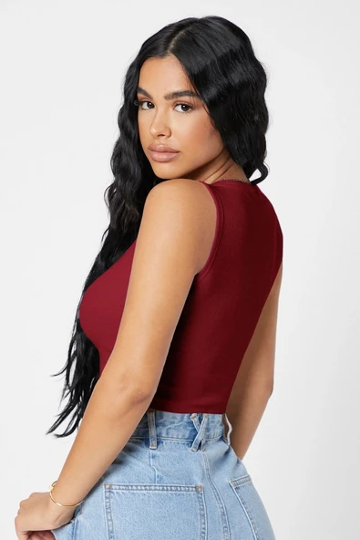 Kadın Zarif Dokunuş Bordo Kare Yaka Crop Top Bluz ürün görseli 1