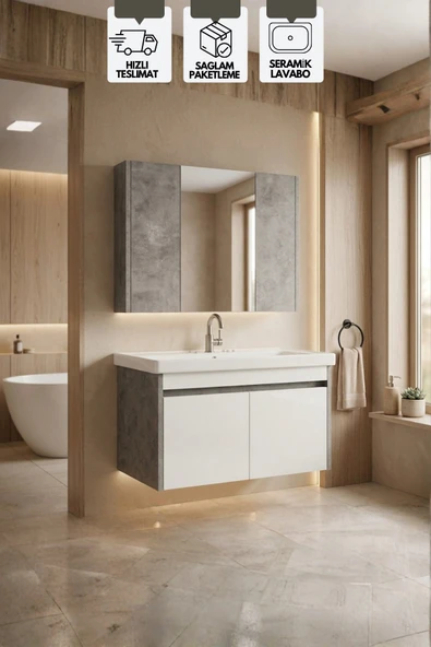 Retro 80 cm Lavabolu, Aynalı Banyo Dolabı, Retro Gümüş-Beyaz, Seramik Lavabo Dahil ürün görseli 1
