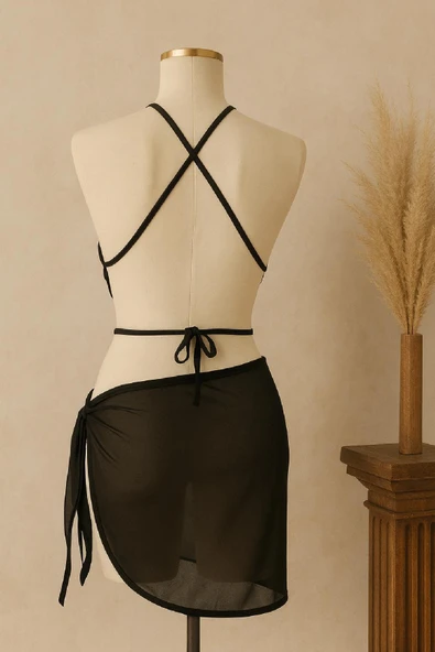 Kadın Kombin Şıklığı Siyah Çapraz Bağlamalı Crop ve Pareo 2'li Set ürün görseli 1