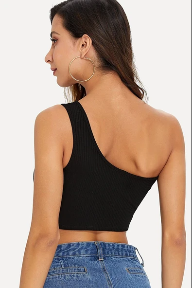 Kadın Modern Stil Siyah Tek Omuz Crop Büstiyer ürün görseli 1
