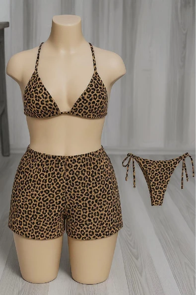 Desenli Kadın Kombin Şıklığı Leopar Şortlu ve Yandan Bağlamalı Bikini Mayo Takımı 3'lü Set ürün görseli 1