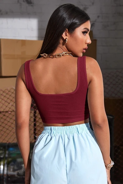 Kadın Modern Stil Bordo Kalın Askılı Crop Top Büstiyer ürün görseli 1