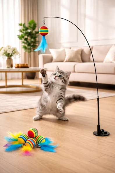 Eğlenceli Vakumlu Kedi Oyuncağı Güçlü Sabit Tabanlı Esnek Çubuklu Tüylü Top ürün görseli 1