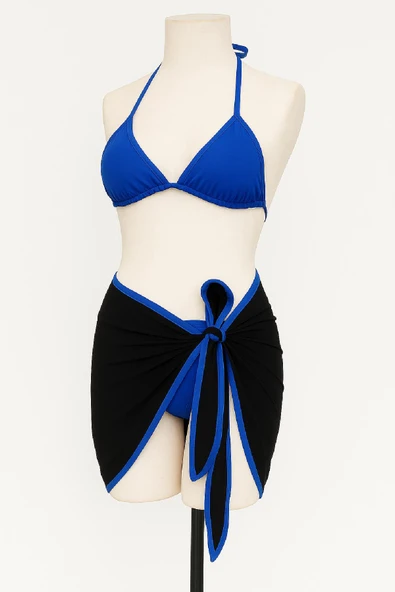 Kadın Kombin Şıklığı Mavi Pareolu Yandan ve Boyundan Bağlamalı 3'lü Bikini ı Takım ürün görseli 1