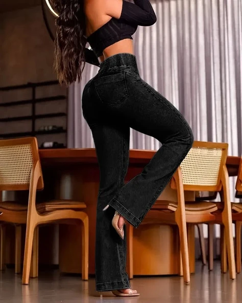 Kadın Rahat Kullanım Yüksek Bel Yanları Lastik önü Düğmeli Kot Pantolon ürün görseli 1
