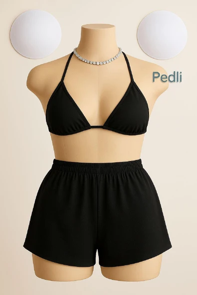 Kadın Kombin Şıklığı Siyah Şortlu Belden ve Boyundan Bağlamalı Bikini ı Takım ürün görseli 1