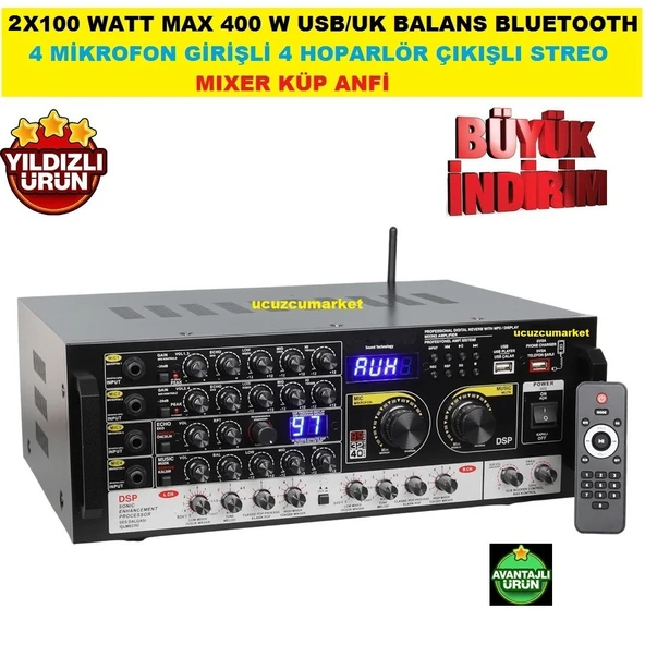 2X100 WATT MAX 400 W USB/UK BALANS BLUETOOTH 4 MİKROFON GİRİŞ 4 HOPARLÖR ÇIKIŞ STREO MIXER KÜP AMFİ ürün görseli 1