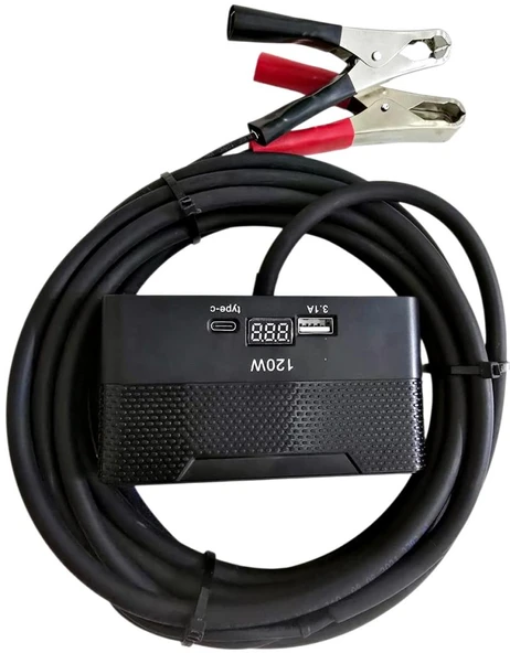 Aküden bağlantılı Uzatma Kablosu Çakmaklık Çoklayıcı LCD Ekranlı USB, Type-C çıkışlı 12 Volt 10 Amper 120 WAT 2 X1,5mm TTR Bakır 10 Mt-Siyah-YT-OT733-MŞ ürün görseli 1