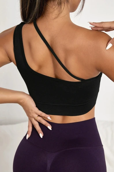Kadın Modern Stil Siyah Tek Omuzlu Çapraz Askılı Crop Top Büstiyer ürün görseli 1
