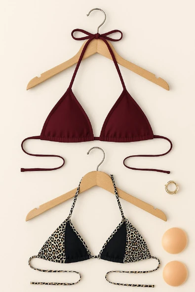 Desenli Kadın Modern Stil Leopar ve Bordo Minimal Kesim Üçgen Bikini Üstü ürün görseli 1