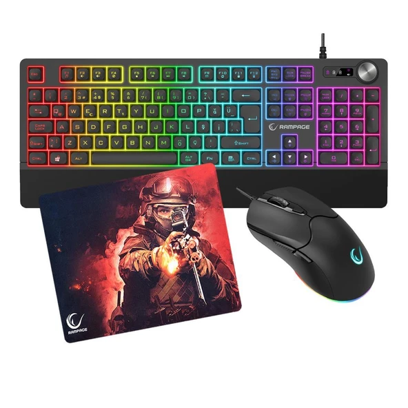 Rampage KM-9858 JAZZY V2 RGB Klavye , 12800 DPI Mouse + 30*25cm Mousepad Gaming 3lü Set ürün görseli 1
