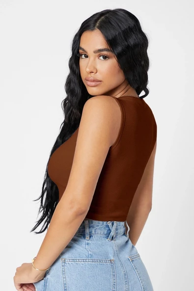 Kadın Zarif Dokunuş Kahverengi Kare Yaka Crop Top Bluz ürün görseli 1