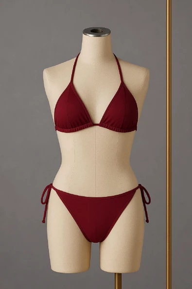 Kadın Kombin Şıklığı Bordo Yandan ve Boyundan Bağlamalı Bikini Mayo ı Takım ürün görseli 1