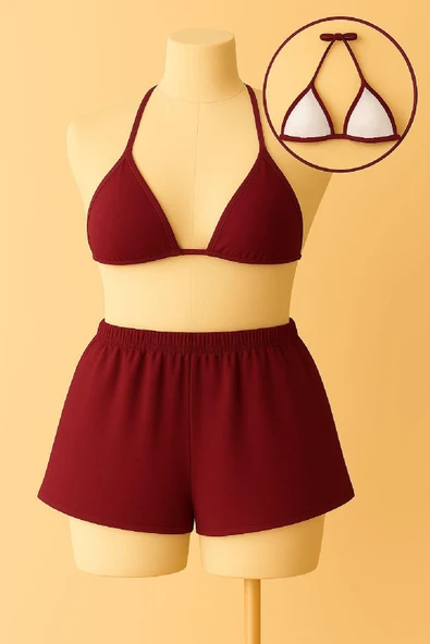 Kadın Kombin Şıklığı Bordo Şortlu Belden ve Boyundan Bağlamalı Bikini ı Takım ürün görseli 1