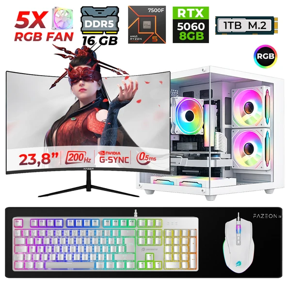 Xaser Live X20 Ryzen 5 7500F 16GB DDR5 Ram 1TB M.2 Nvme SSD 8GB RTX5060 23.8" 200Hz Masaüstü Oyuncu Bilgisayarı ürün görseli 1