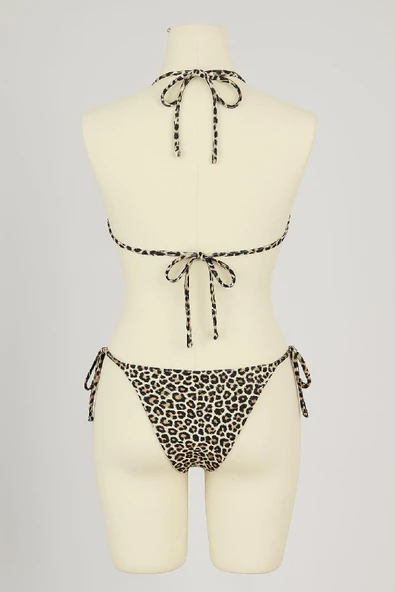 Kadın Kombin Şıklığı Siyah ve Leopar Detaylı Yandan Bağlamalı Bikini ı Takım ürün görseli 1