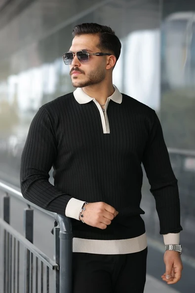 Erkek Modern Stil Kol Ve Yaka Detaylı Uzun Kollu Triko ürün görseli 1