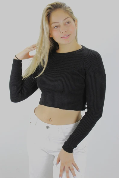 Kadın Modern Stil Crop Triko Siyah - Resim 2