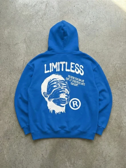 Baskılı Erkek Saks Mavisi Premium Üç İplik İçi Pamuklu Kanguru Cepli Kapüşonlu Sweatshirt ürün görseli 1