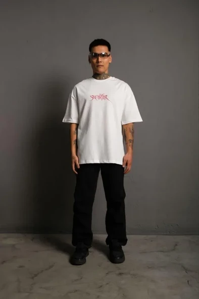 Arka Baskılı Erkek Günlük Stil – Beyaz 24/1 Penye Kumaş, Bisiklet Yaka, Ön - , Streetwear Tarzı Rahat Büyük Kalıp Tişört- Beyaz Oversize Tişört ürün görseli 1