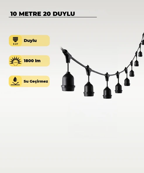 10 Metre 20 Duy E27 Dış Mekan LED Zincir Aydınlatma – Bahçe, Kafe ve Organizasyon Işık Seti (Ampulsüz) ürün görseli 1