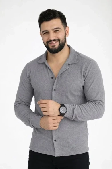 Waffle Kumaş Erkek Günlük Şıklık Füme Uzun Kollu Düğmeli Açık Yaka Regular Fit Gömlek ürün görseli 1