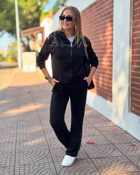 Kadın Kombin Şıklığı İki İplik Kumaş Pul Ve Fermuar Detaylı İkili Takım ürün görseli 1