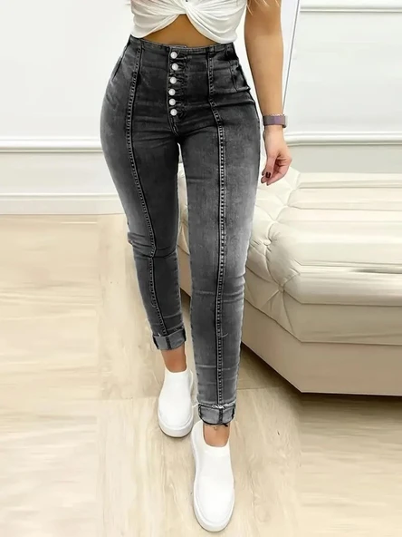 Kadın Rahat Kullanım Yüksek Bel önden Düğmeli Jean Pantolon ürün görseli 1