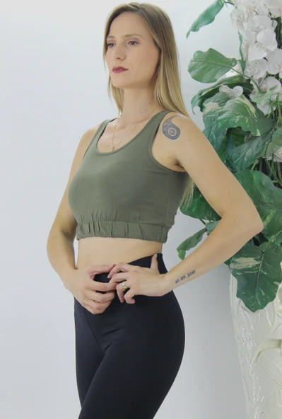 Kadın Modern Stil Beli Lastikli Crop Haki - Lks2907.022 ürün görseli 1