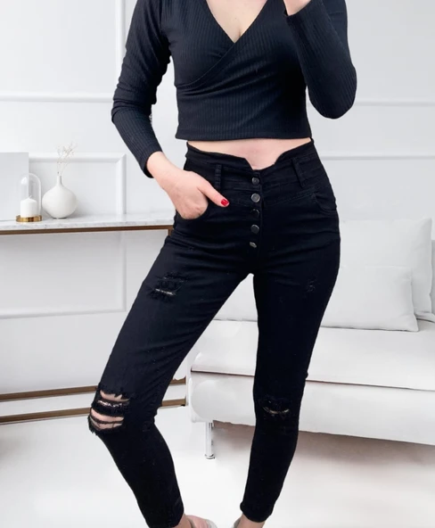 Kadın Modern Stil 5 Düğmeli V Detay Bel Yırtık Kot ürün görseli 1