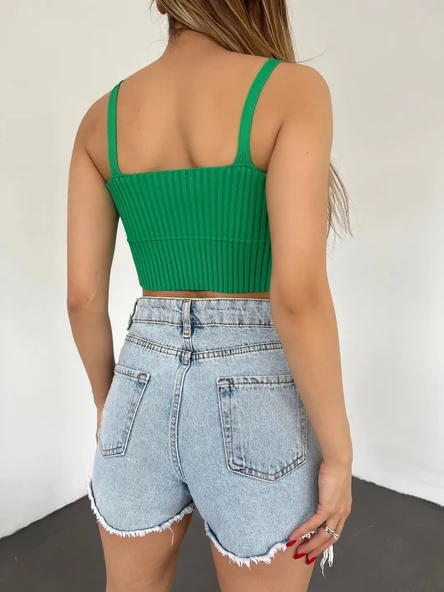 Kadın Modern Stil V Yaka Askılı Crop Triko Yeşil - DF2202 Büstiyer ürün görseli 1