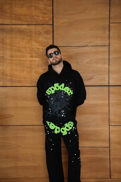 Baskılı Erkek Siyah Kapüşonlu Eşofman Örümcek Ağı Ve Neon Yeşil Kanguru Cepli Oversize Rahat Kalıp, Premium Üç İplik Kumaş Takım ürün görseli 1