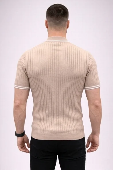 Erkek Günlük Stil Bej Fitilli Triko Dokuma Kısa Kol Yarım Boğaz Modern Yazlık Tişört ürün görseli 1